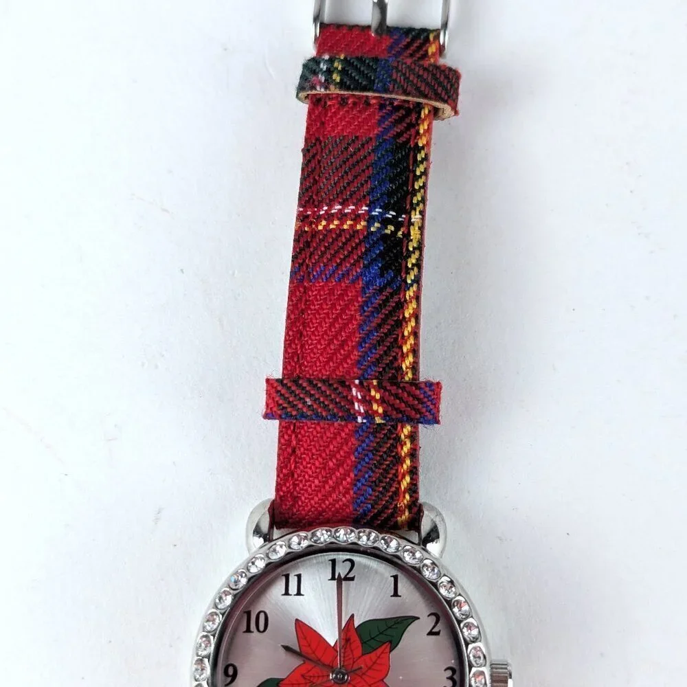 Vintage Christmas Poinsettia Rhinestone Watch